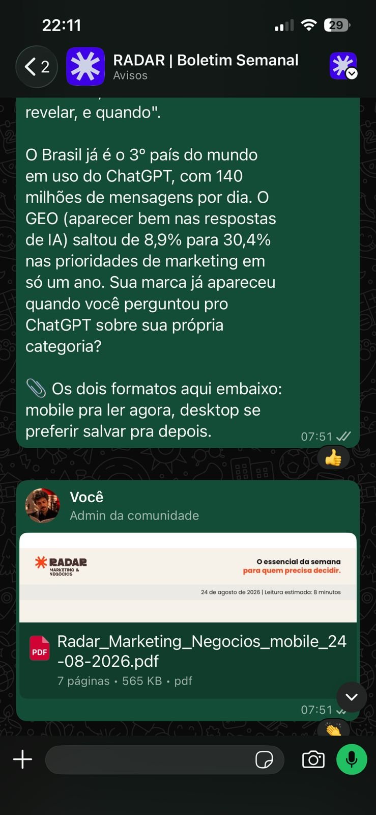 Edição do RADAR chegando na comunidade do WhatsApp