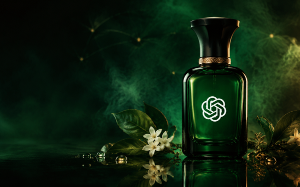 frasco de perfume com logo da OpenAI. fundo escuro