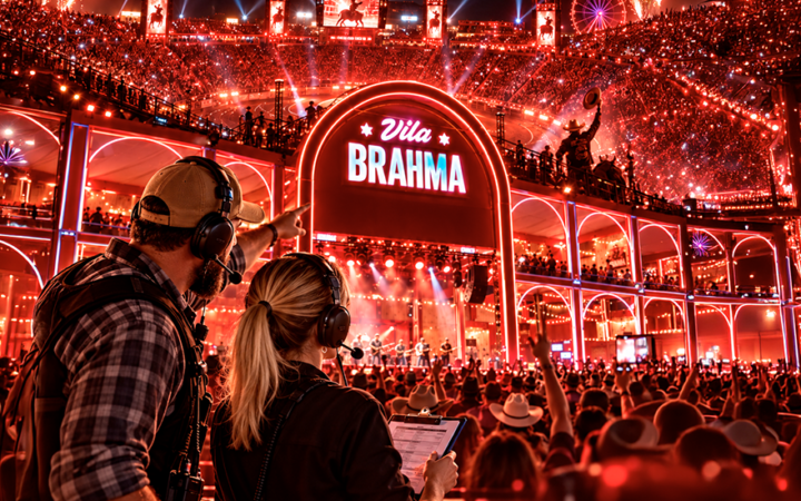 Estrutura da Vila Brahma lotada de público durante a Festa do Peão de Barretos 2026, evento onde a Bússola Eventos usou IA para prever estoque de alimentos e bebidas.