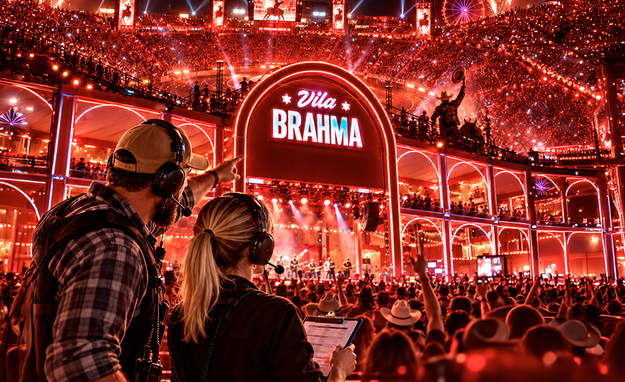 Estrutura da Vila Brahma lotada de público durante a Festa do Peão de Barretos 2026, evento onde a Bússola Eventos usou IA para prever estoque de alimentos e bebidas.